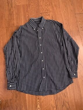 Vintage Burberry Men's Navy Blue Plaid Buttoned Shirt